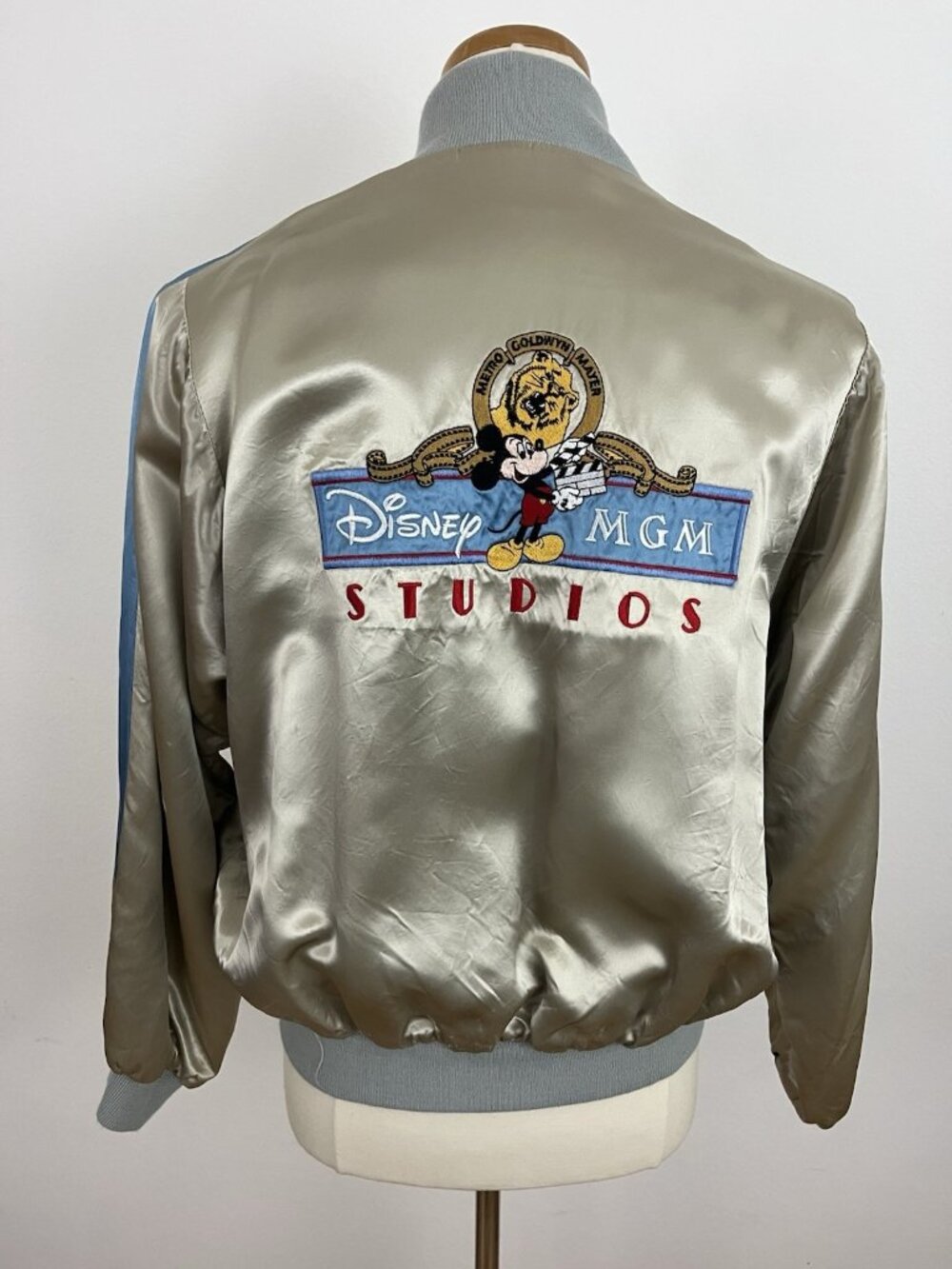 Vintage Disney MGM Studios Satin Bomber Jacket Coat Silver Gray L/XL? Embroidery